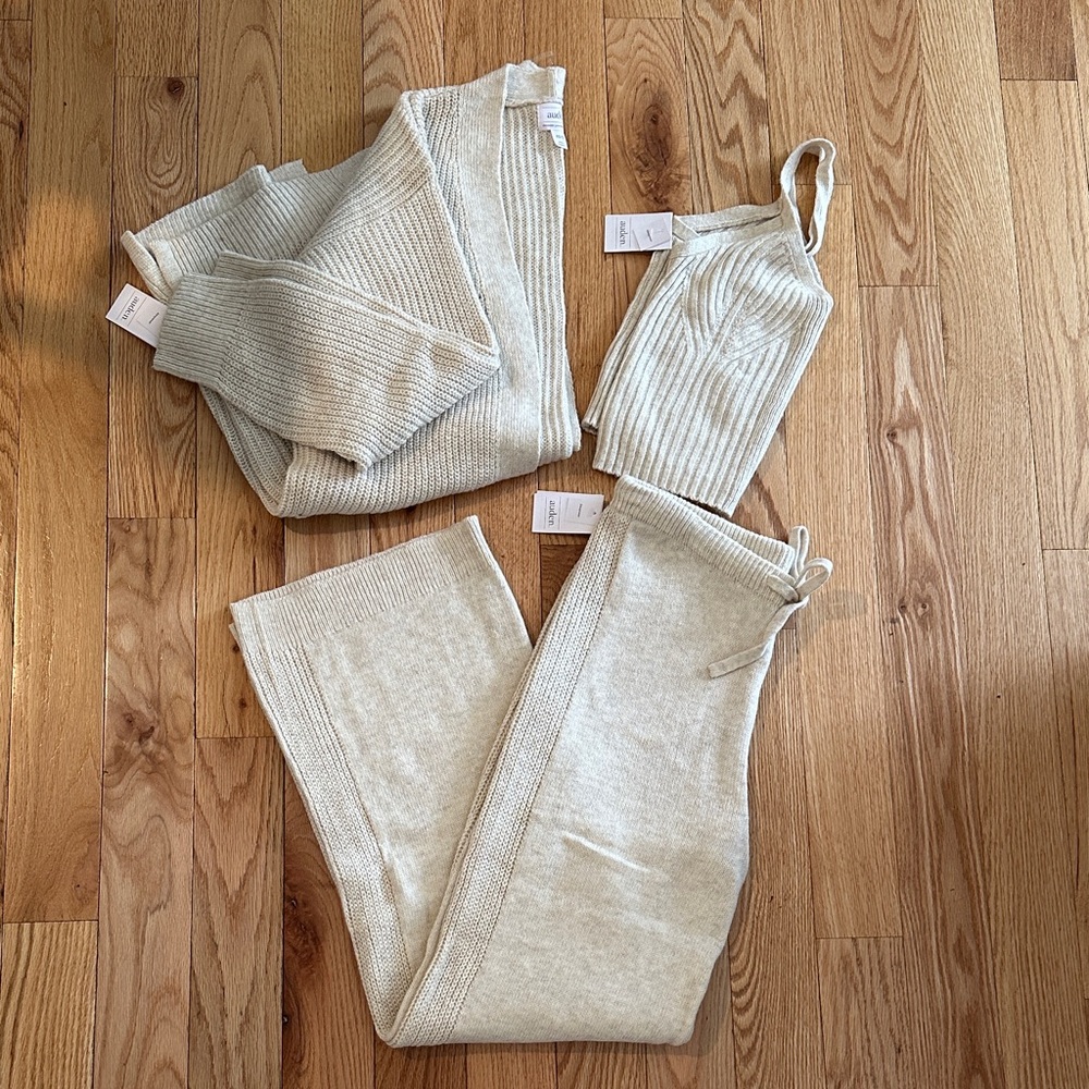 Auden Cozy Neutral Knit Set - Cream Ribbed Tank, Cardigan & Drawstring Pants